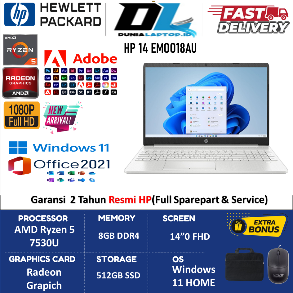 Laptop Editing HP 14 EM0018AU AMD Ryzen 5 7530U Ram 8GB 512GB SSD FHD WindowsOffice Original Terbaru