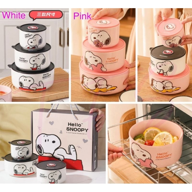 DC Gift set isi 3 mangkok keramik tutup Snoopy