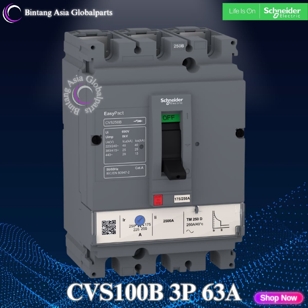 MCCB 3 Phase 63 Ampere Schneider LV510305 Original / MCCB 3p 63a 25kA CVS100B / Breaker 3 Pole 63a C