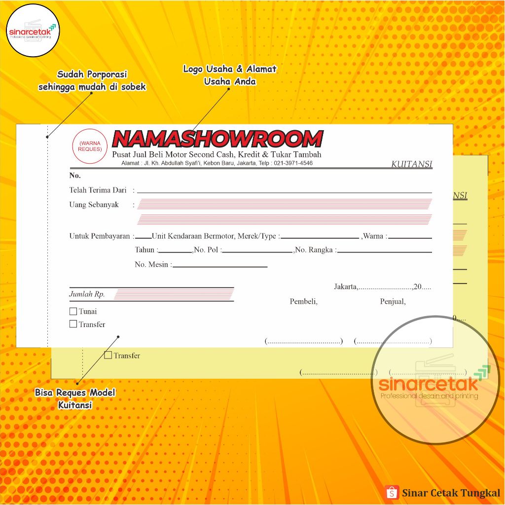 

CETAK KWITANSI JUAL BELI KENDARAAN CUSTOM UK 1/3 11X21 CM BEBAS REQUES/KWITANSI JUALBELI MOTOR/MOBIL