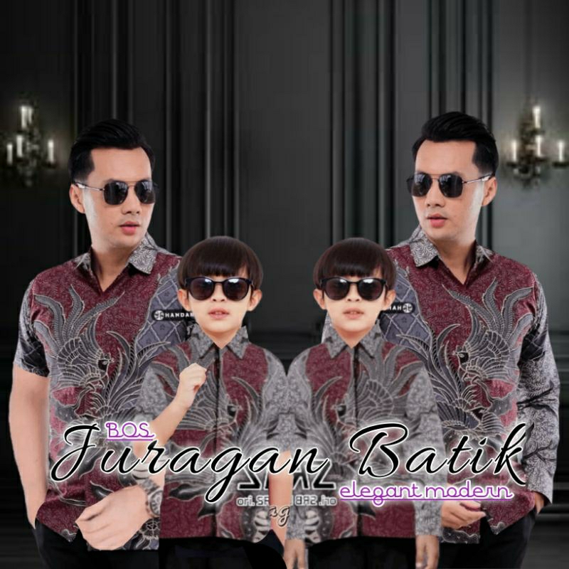 Batik Couple Ayah Dan Anak - Kemeja Batik Couple Ayah Anak Laki-laki - Batik Warna Merah Abu-abu