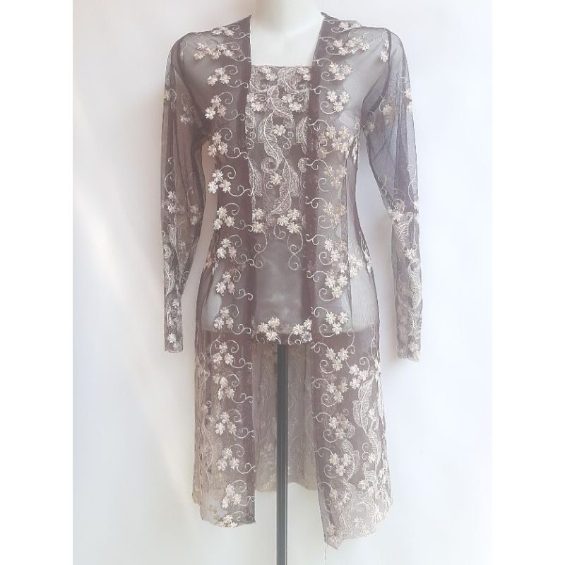 Atasan Kebaya Brokat Brukat Kutubaru Modern Coklat Motif Bunga Kondangan Wisuda Prewedding Like New 