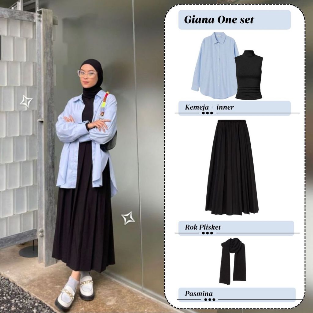 Giana One Set Wanita Kemeja Inner Rok Plisket Pashmina Hijab Kampus Hangout Ootd Mix And Match Blue