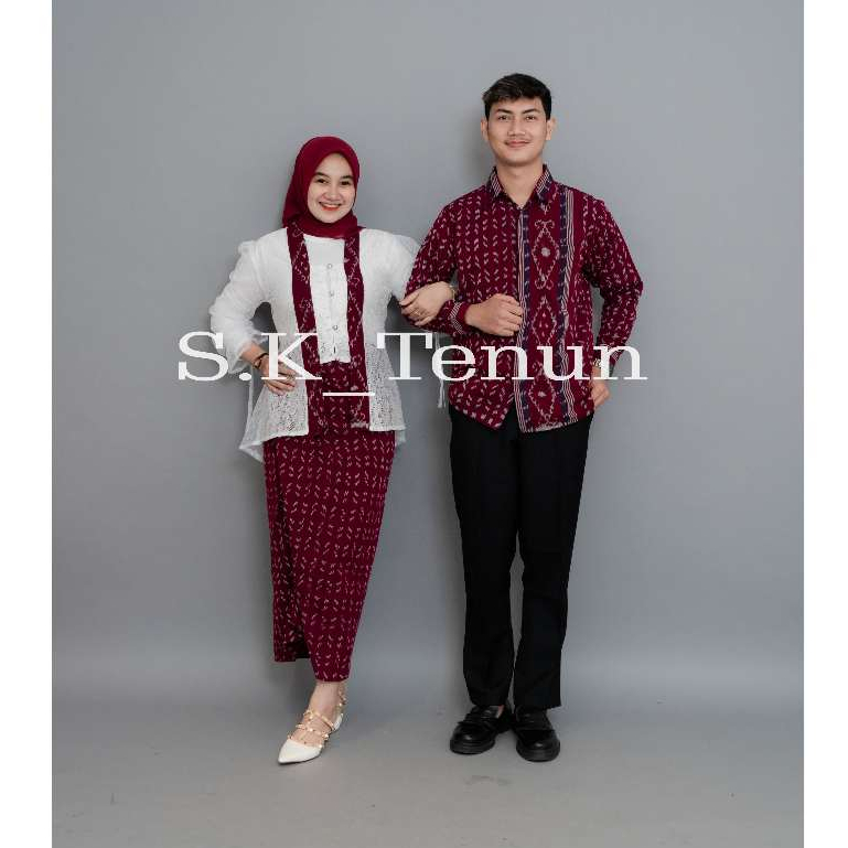 SK TENUN - BAJU TENUN COUPLE PUSPA MERAH - KEBAYA COUPLE TENUN KONDANGAN ATASAN BROKAT ROK LILIT