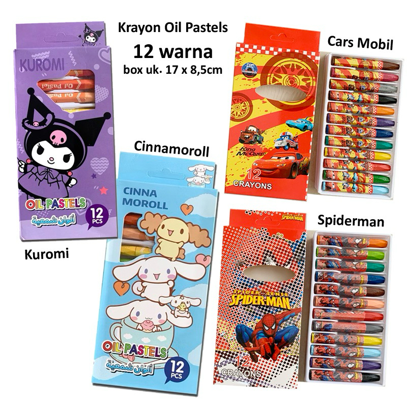

Crayon Oil Pastel 12 warna Sanrio Kuromi Cinnamoroll Cars Mobil Spiderman ukuran 17 x 8,5cm krayon oil pastel pensil warna untuk kegiatan pelajaran mewarnai anak sekolah PAUD Preschool TK SD