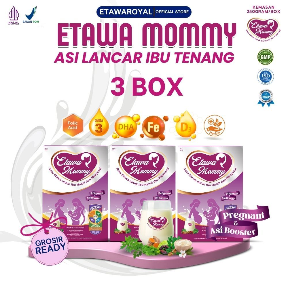 

Etawamommy susu ibu hamil dan Pelancar ASI Ibu menyusui paket 3 Box kemasan 250gram