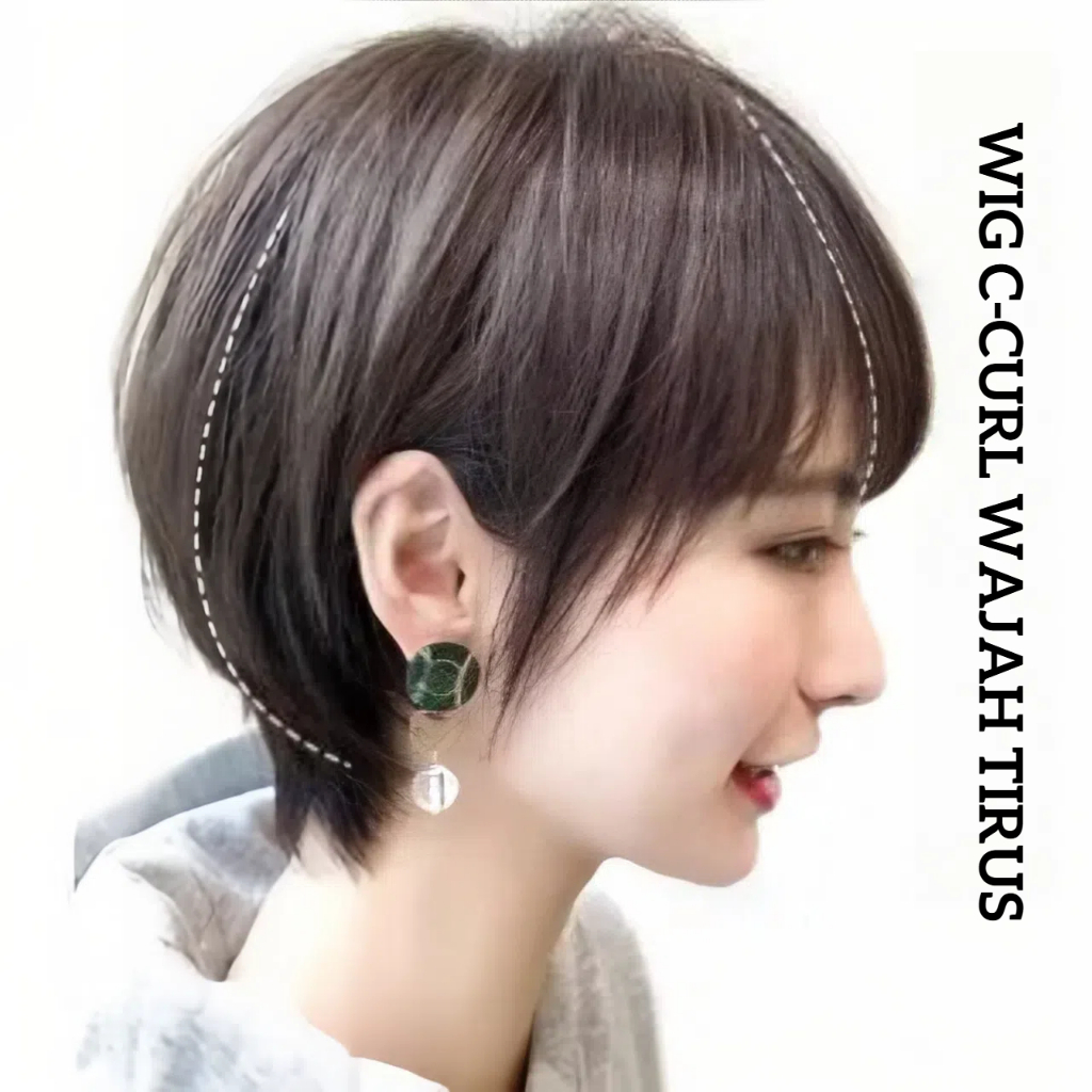 Wig Wanita Rambut Pendek Tipis Tampan, Wig Kepala Palsu Penuh Wajah Bulat Rambut Keriting Pendek Wig