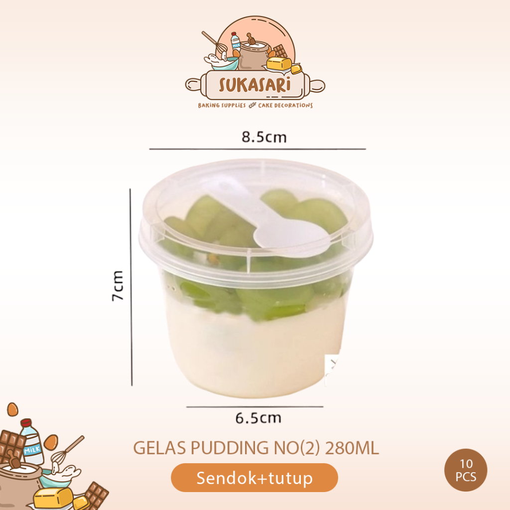 Gelas Pudding no(2) 280ML include tutup sendok Pudding cup tiramisu dessert cup bulat lid spoon
