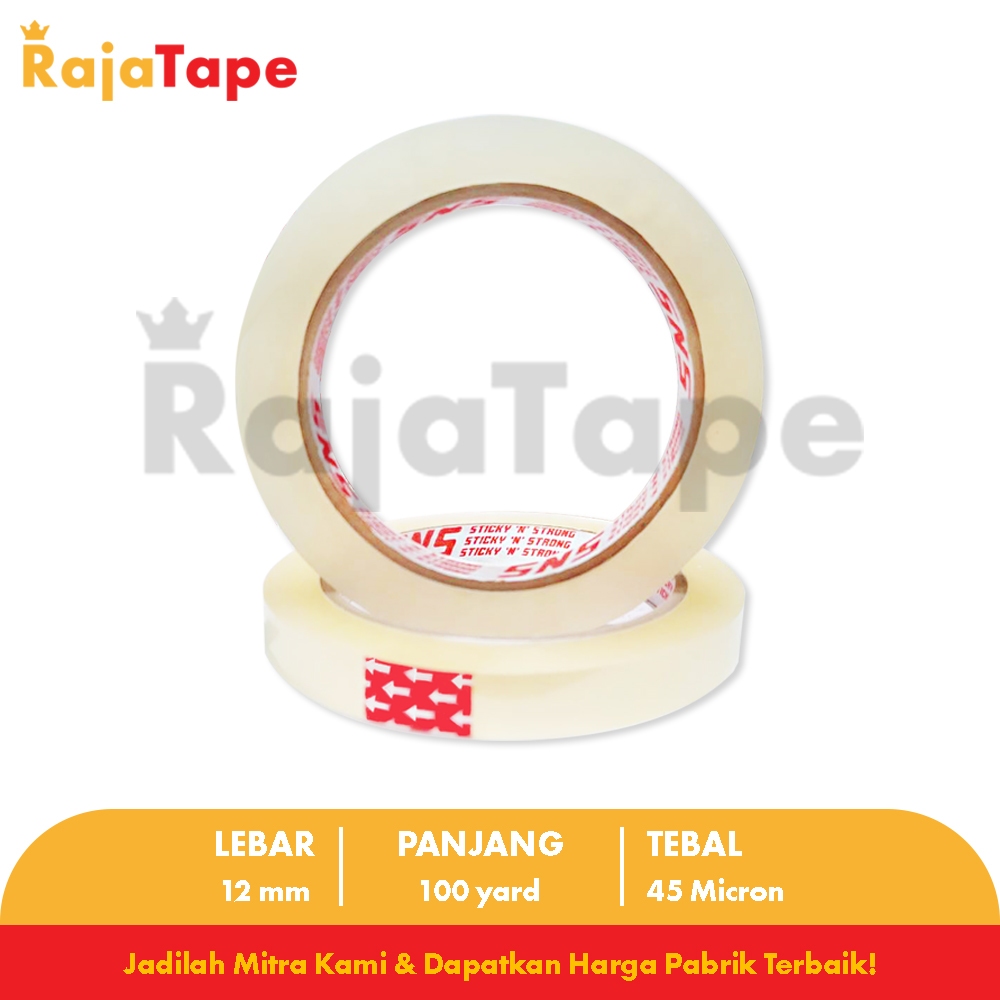 

Isolasi / Solatip Bening 12 Mm x 100 Yard x 45 Mic Sticky N Strong (SNS)