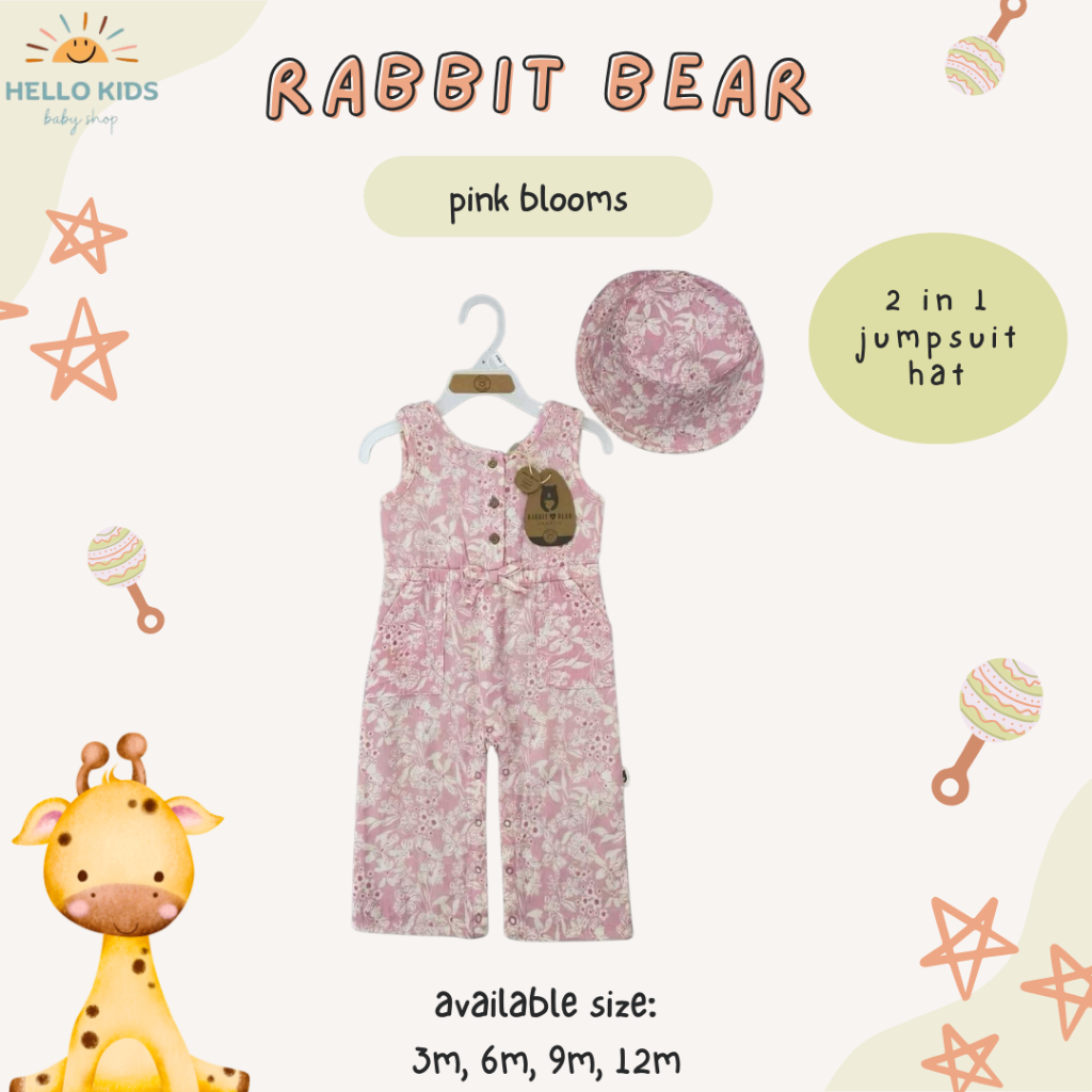 HellooKids Rabbit + Bear Set Jumpsuit dan Topi Bayi Perempuan R+B 1 sd 2 tahun /Setelan Bayi Perempu