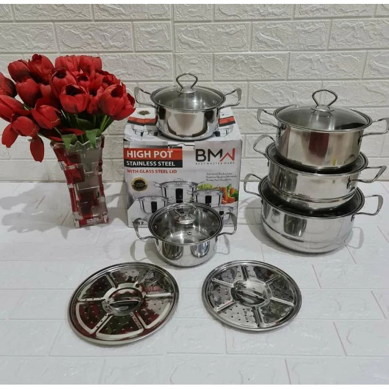 PANCI SET HIGH POT STAINLESS STEEL 5 SUSUN panci set stainless tutup kaca panci anti karat set