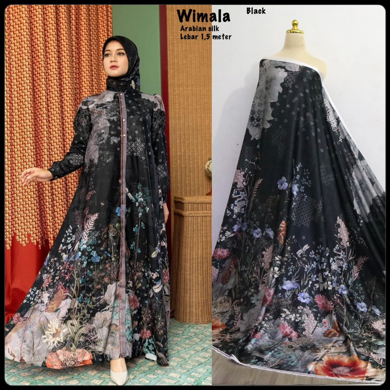 Kain arabian silk motif wimala per setengah meter // kain warna hitam // kain motif abstrak // kain 