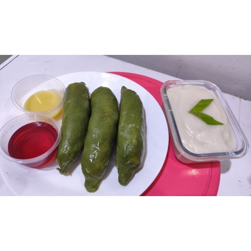 

Pisang hijau asli pandan suji mix bubur sumsum, sirup & susu per paket