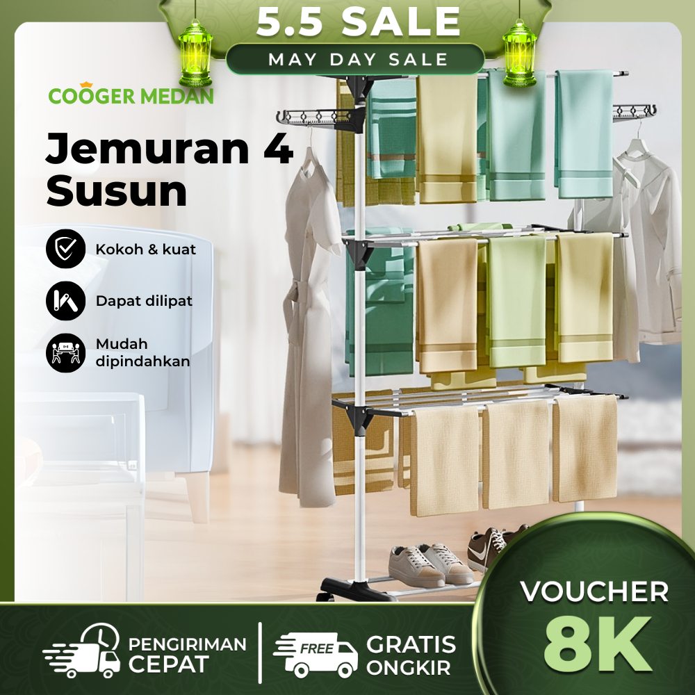 Dett - COOGER MEDAN Jemuran Baju Lipat dengan Gantungan 4 Level Drying Rack Jemuran Menara Stainless