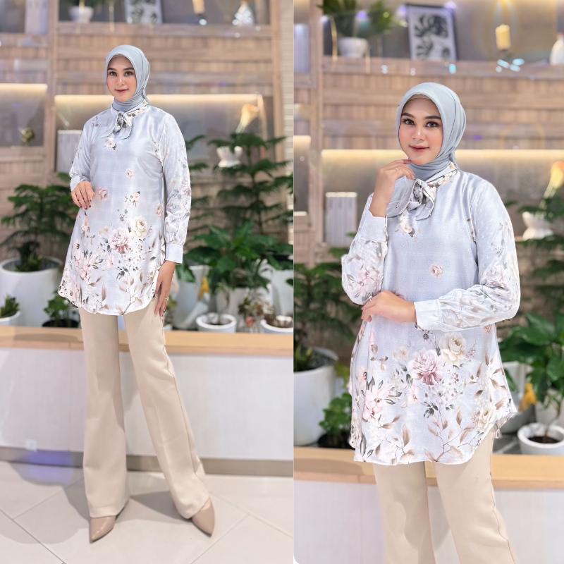 Dinara - Blouse Motif Syarla Premium | Bahan Armani Silk | Kemeja Atasan Top Wanita