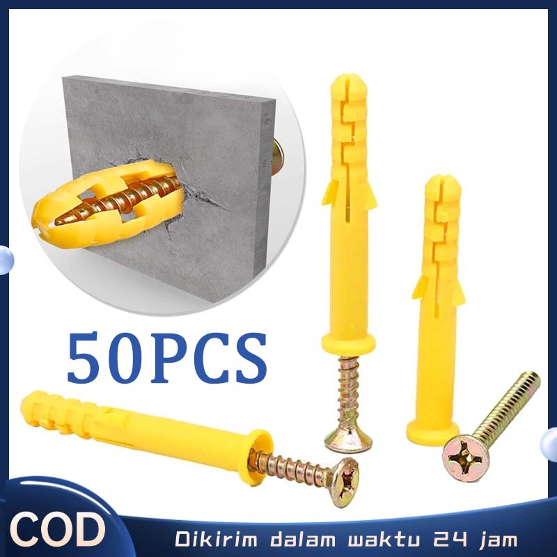 50 Set Sekrup Dinding Tembok Vischer Set Piser Set Baut Skrup Tembok