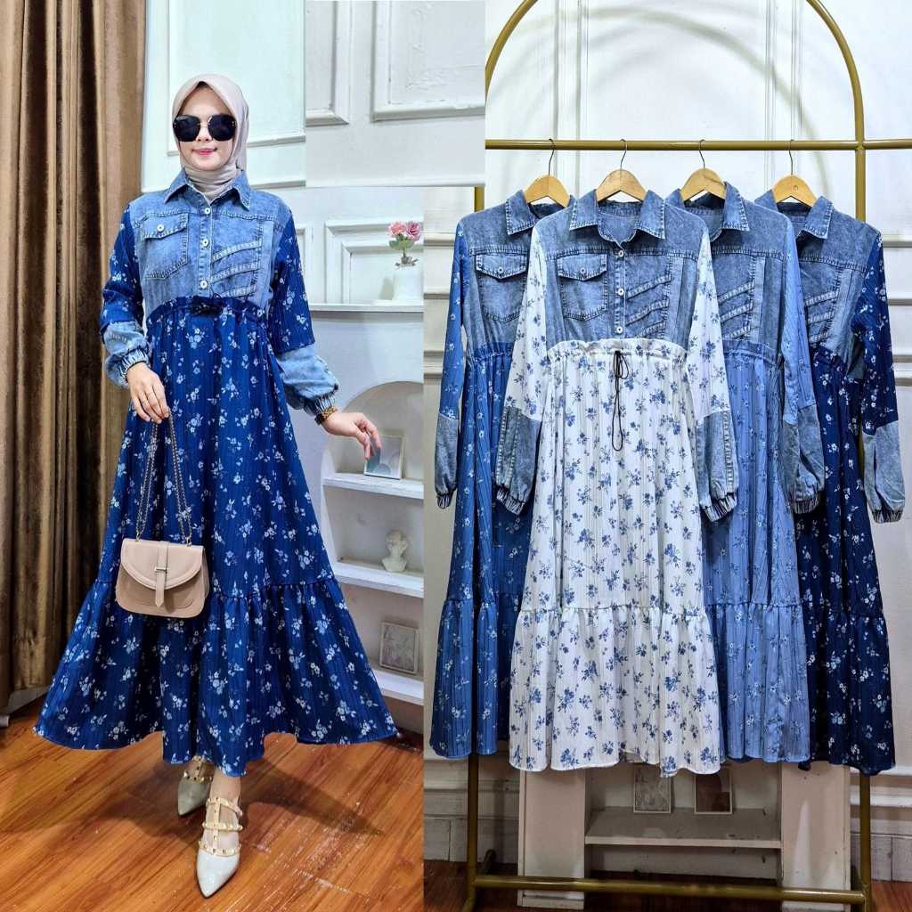 Eleora Midi Dress Jeans Wanita – Gaya Casual Korea Kombinasi Unik