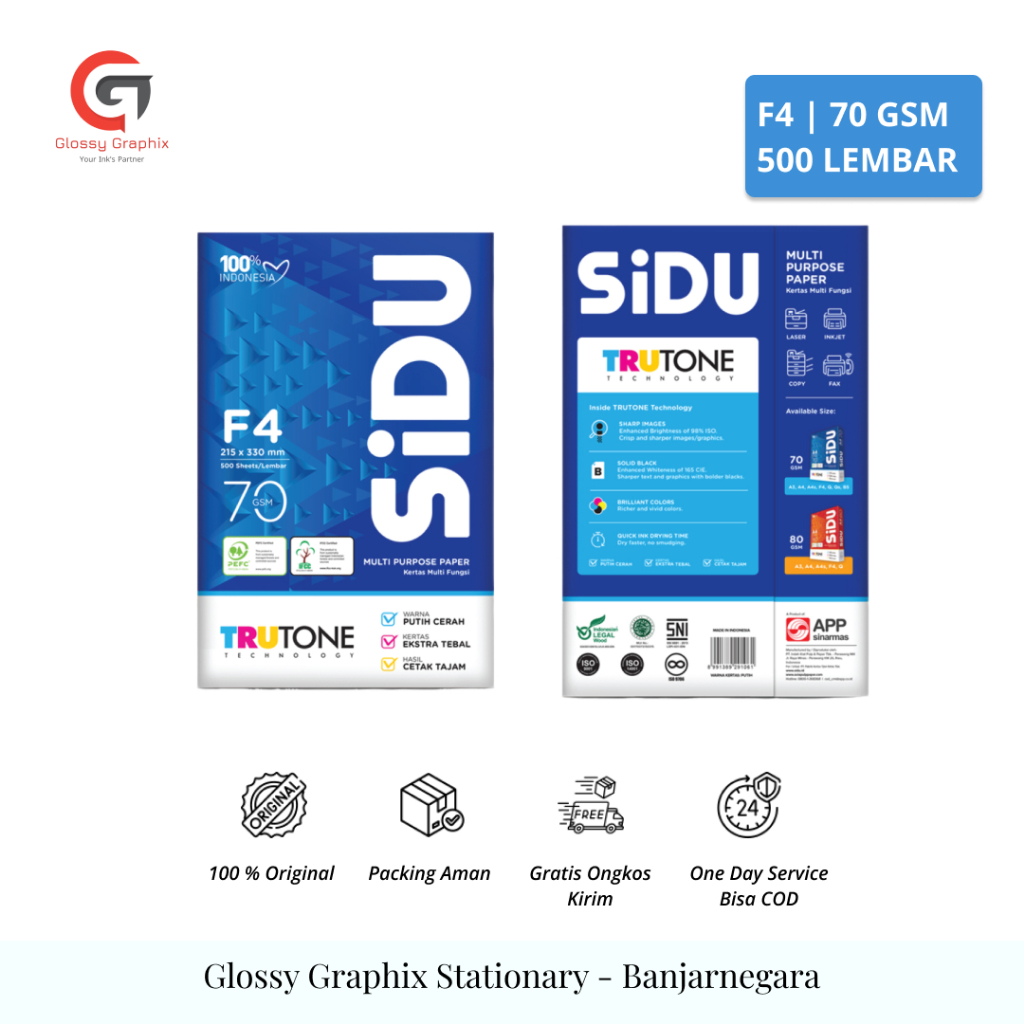 

Kertas HVS Sidu F4 70 Gsm / 1 Rim HVS Original