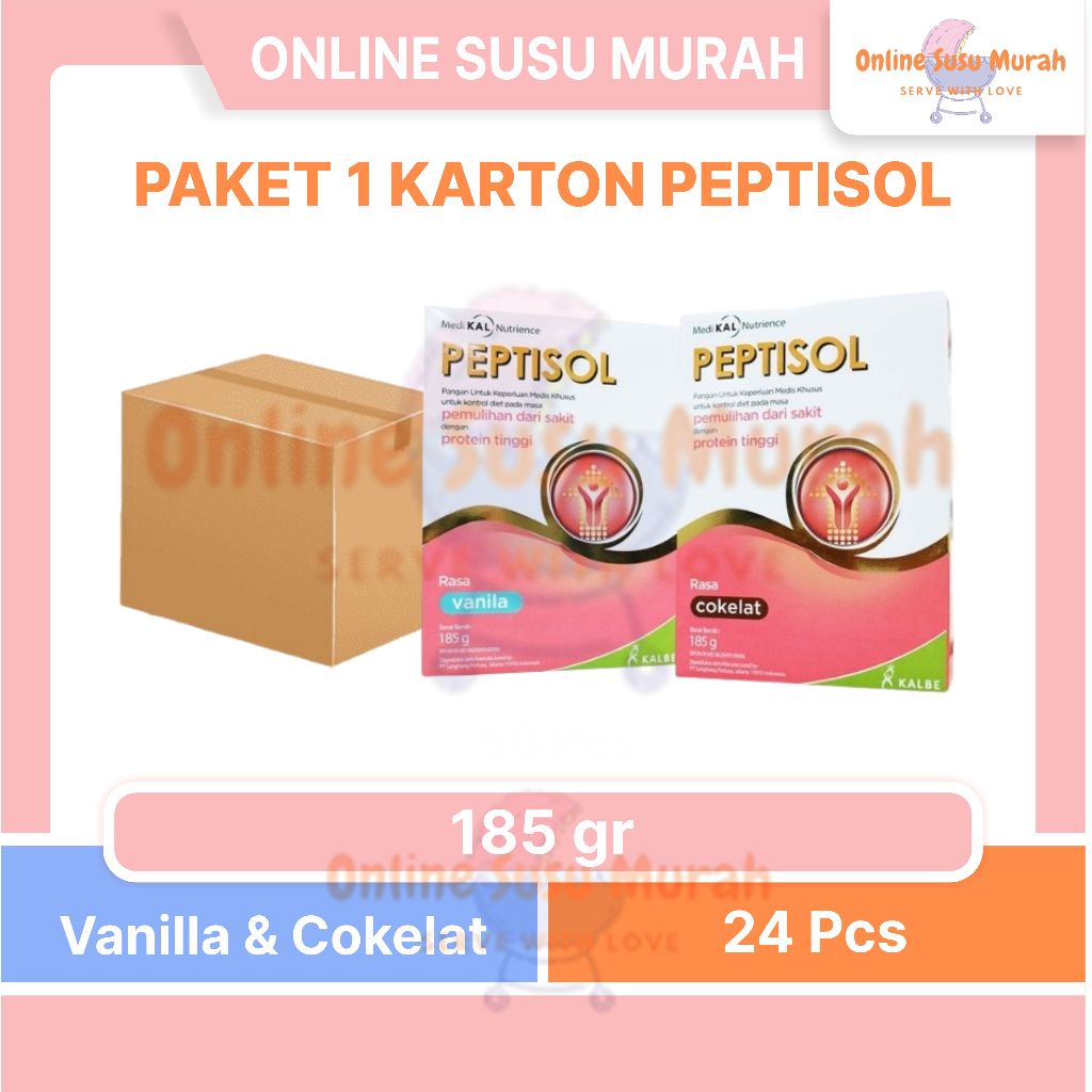 

PEPTISOL PAKET 1 KARTON 24 PCS VANILA COKLAT 180GR NUTRISI TINGGI PROTEIN RENDAH RESIDU 180 GR SSKD