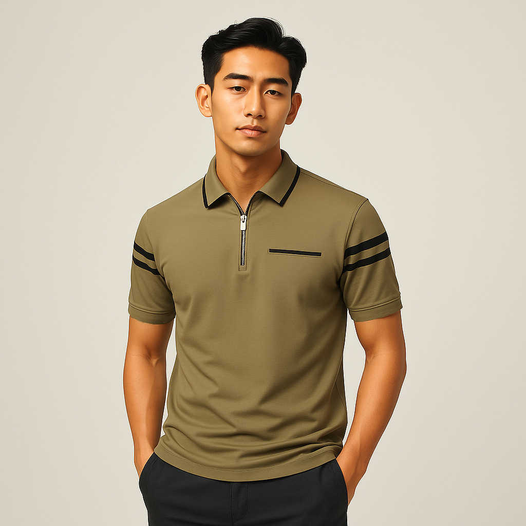 Kaos Polo Kerah Resleting Pria – Baju Polo Lengan Pendek Saku Motif Garis Keren