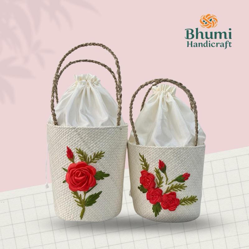 TAS HAMPERS EMBER SULAM BUNGA BESAR / Tas Parcel Anyaman Pandan / Keranjang Hampers Etnik Handmade