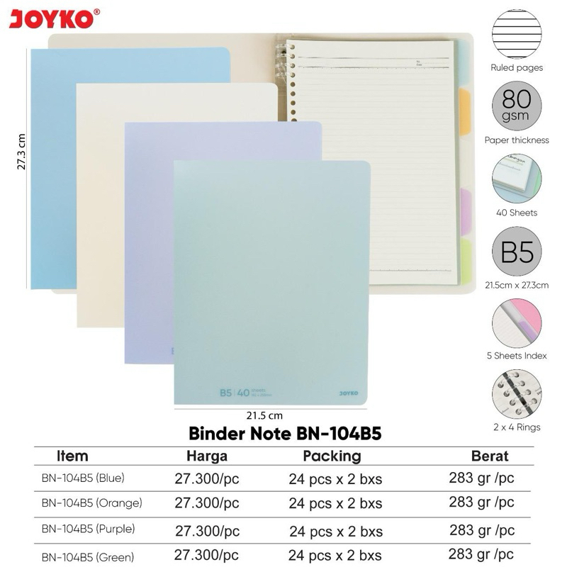 BN104 Map Binder Note B5 Warna Pastel / Organizer Kertas BN-104 B5 / Folder B5 Joyko