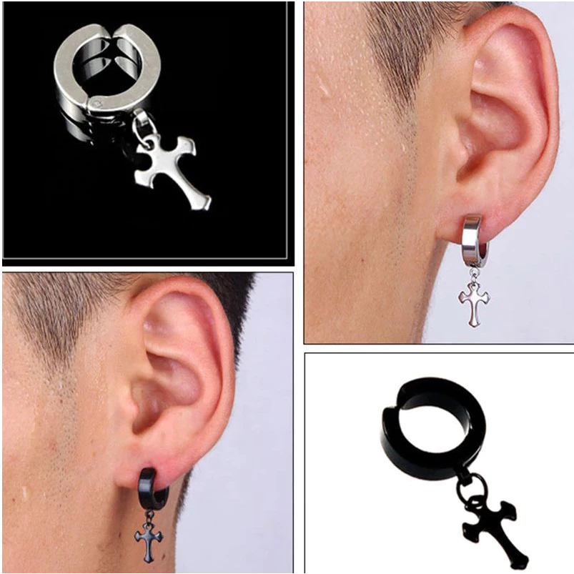 Anting Jepit Salib Titanium Warna Gold HItam Putih - Anteng Pria Wanita Tindik Perhiasan Aksesoris /