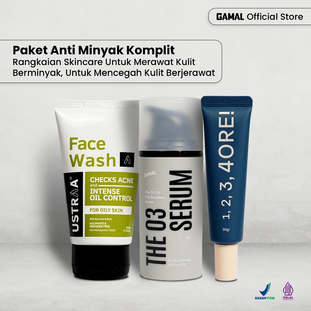 GAMAL | Paket Anti Minyak Komplit | Ustraa Face Wash Oily 100gr + The O3 Serum 30ml + 1,2,3,4ORE Mat