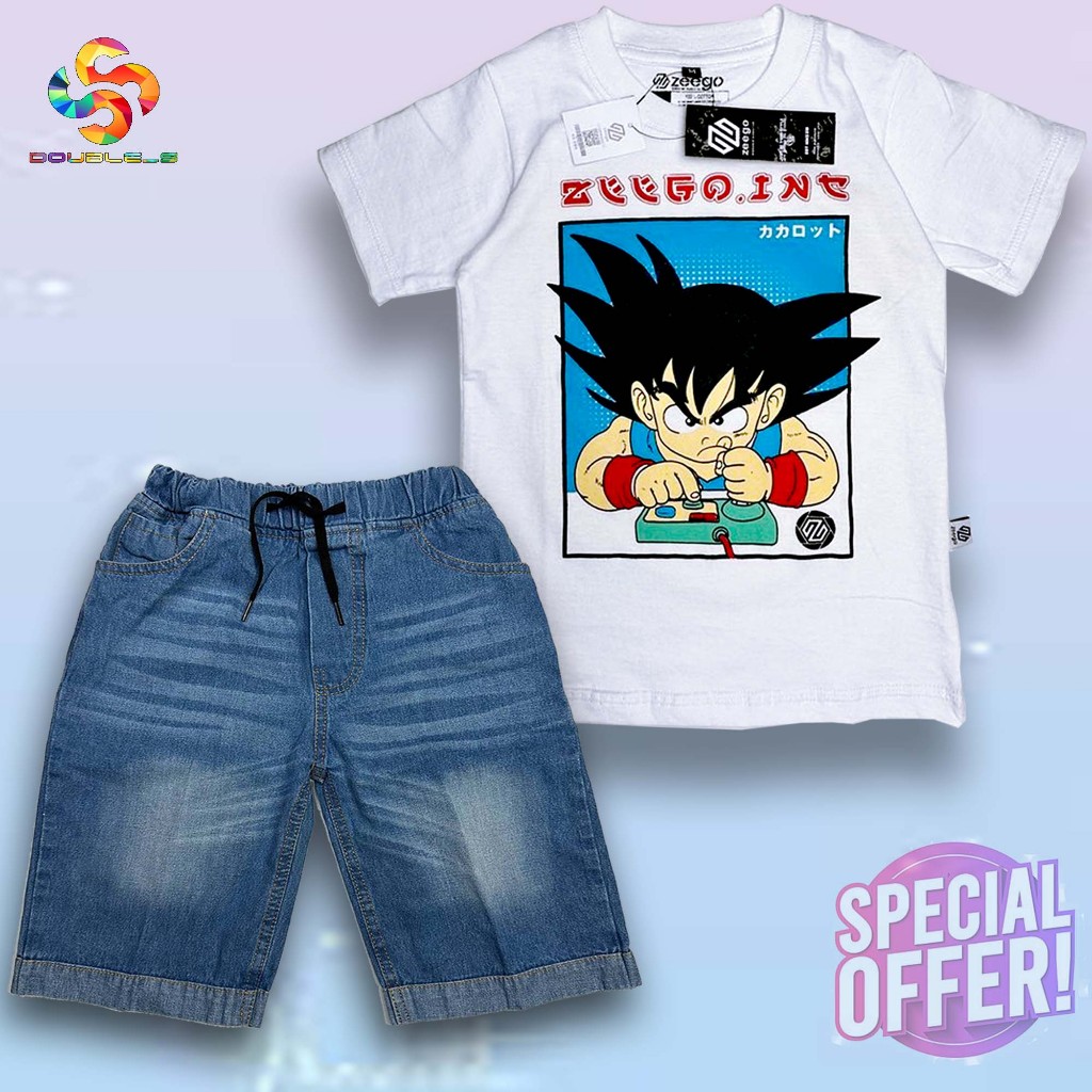 Baju Setelan Anak Celana Jeans Motif Dragon Ball Goku Putih Bahan Premium 3-12 Tahun