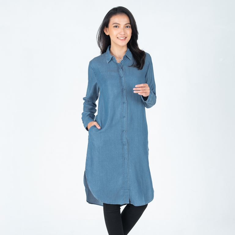BENHILL Kemeja Tunik Denim Wanita Panjang Medium Blue A651-13335