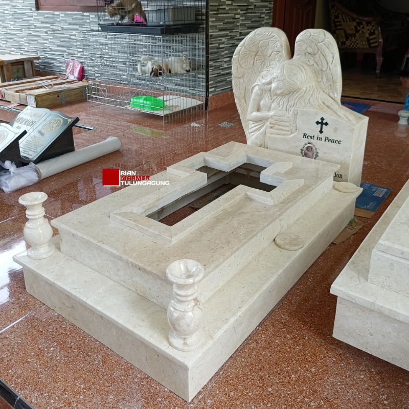 Kijing Makam Batu Nisan Model Malaikat Angels + Kotak tabur bunga salib full Ukiran bersih kilap glo
