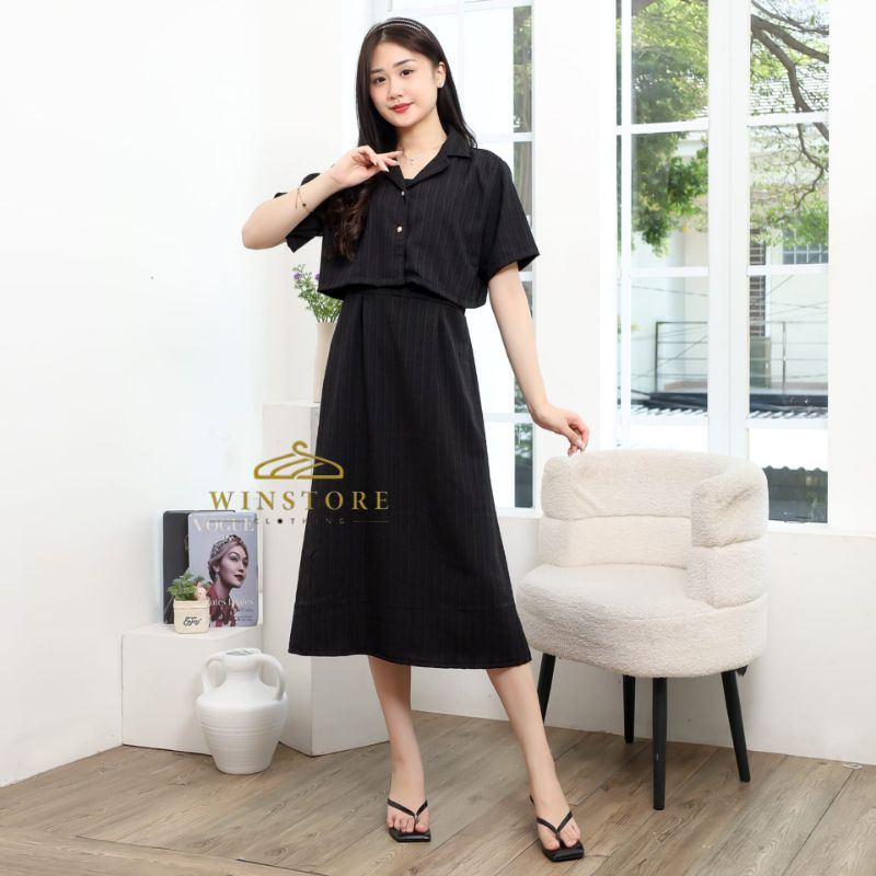 Hari Set 2in1 Midi Dress Blazer / Blazer Crop Kancing & Dress Midi Polos