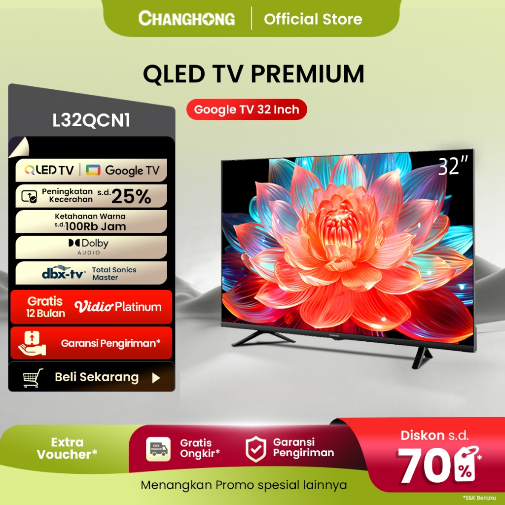 Changhong QLED TV 32 inch HD Dolby Audio Google Play Netflix Youtube Bluetooth USB Google Assistant 