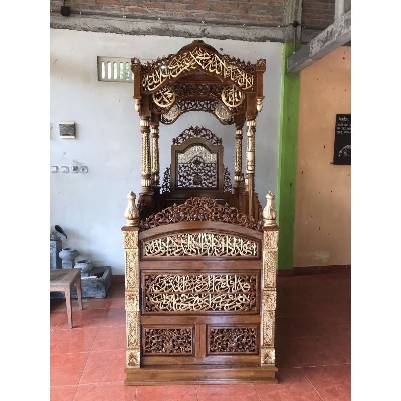 Mimbar masjid kubah kaligrafi ukir + nama masjid dan tongkat kayu jati