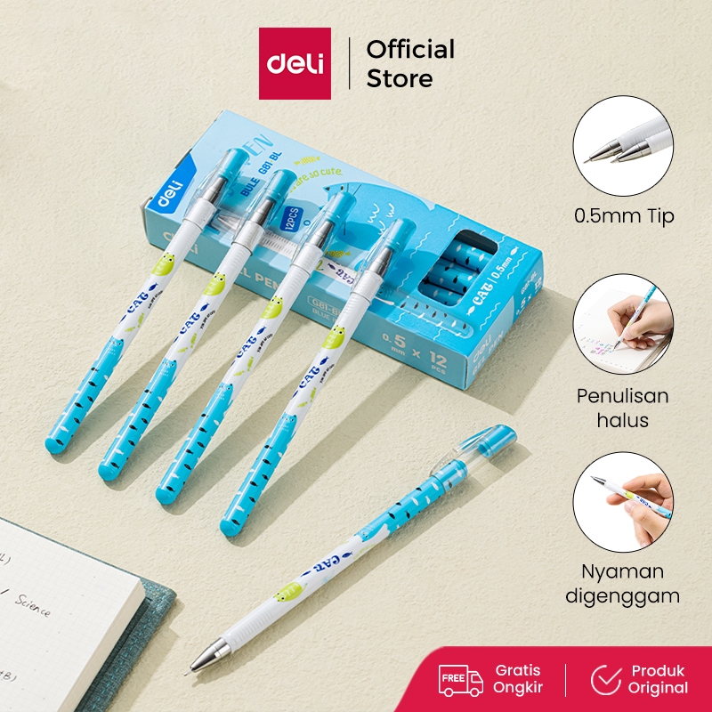 

Deli Pulpen Gel / Gel Pen 0.5mm Motif Kartun Kucing EG81 3 6 12 pcs