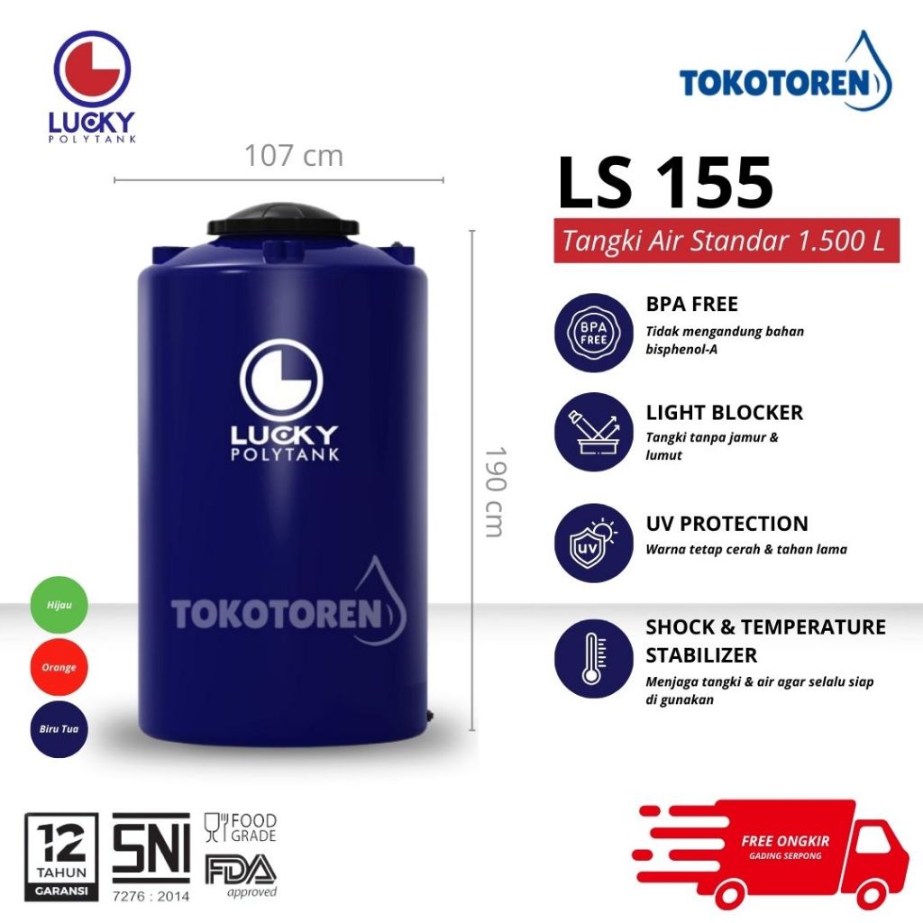 Toren Air Lucky Polytank LS 155 / 1500 Liter Garansi Resmi Free Kirim