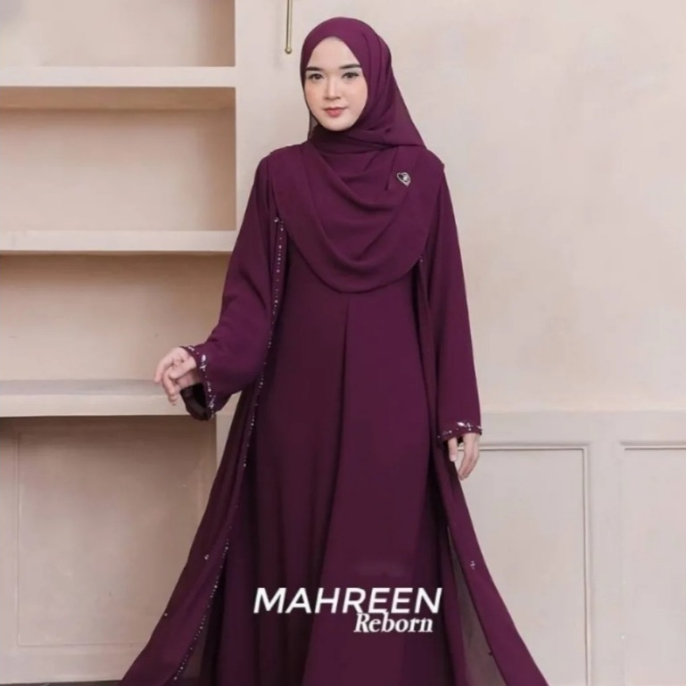 Gamis Elegan Mahreen Abaya Dress BL Tangan Blouse Bahan Ceruty Babydoll Full Puring Aksen Payet Muti