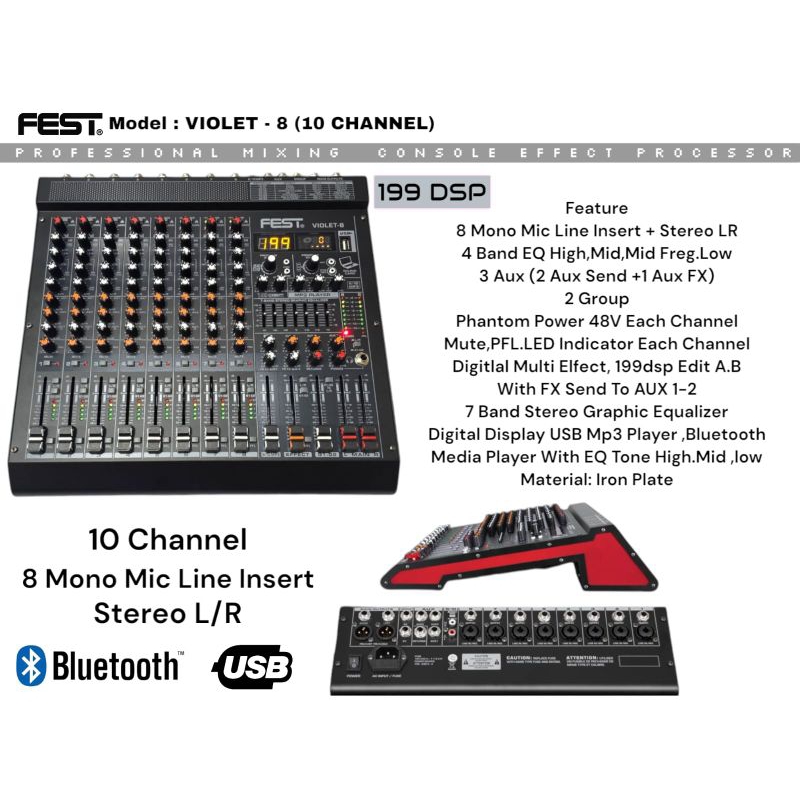 Mixer Fest Violet 8 Original Bluetooth 8 Channel + Stereo L R