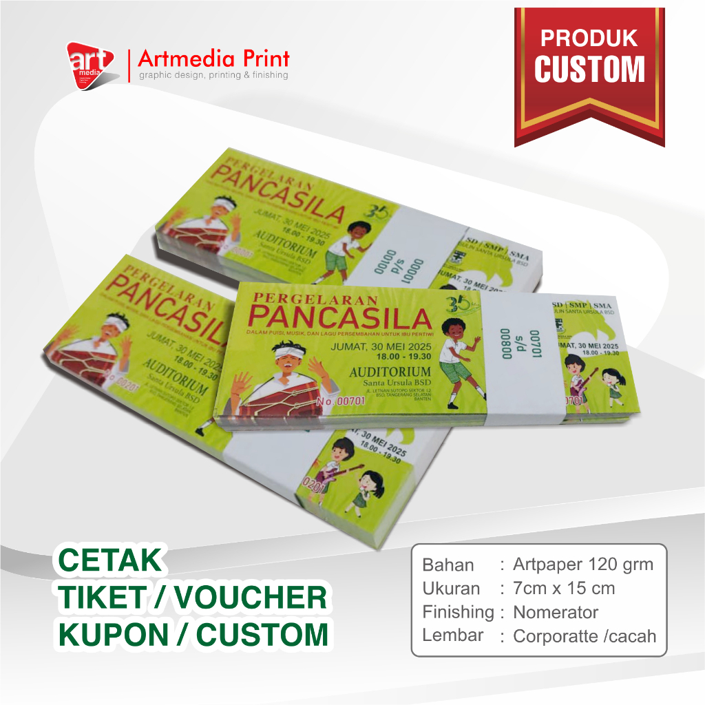 

CETAK TIKET / VOUCHER / KUPON / CUSTOM | Artpaper/mettpaper 120 grm | Ukuran 7 cm x 15 cm
