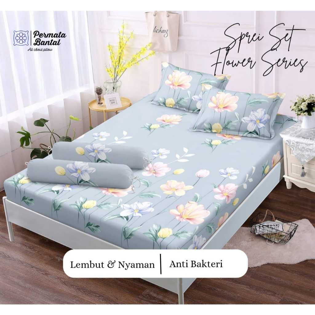 Sprei Polimicro Motif Bunga Jeju Green Ukuran Jumbo & Single l Sprei Set Motif Flower Series Anti Ba
