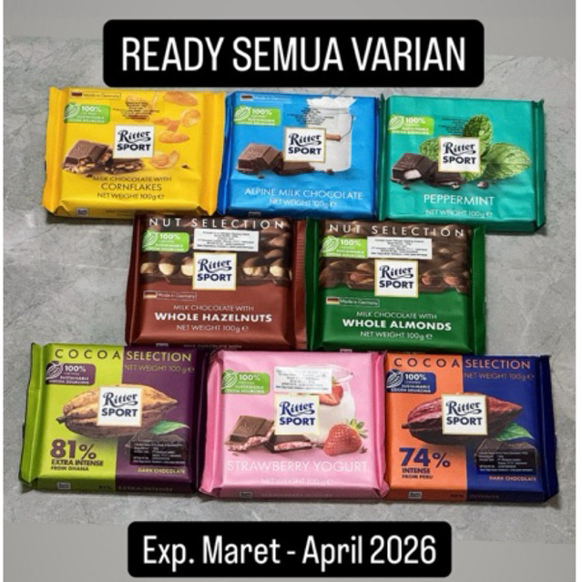 

Ritter sport chocolate 100gr EXP NOVEMBER 2025 Original germany coklat sultan Import premium spesial big sale Termurah !!!