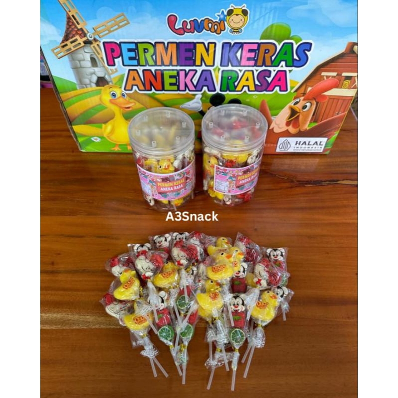 

permen lollipop karakter hewan bebek,Mickey dan ayam jago 1 toples isi 30 pcs