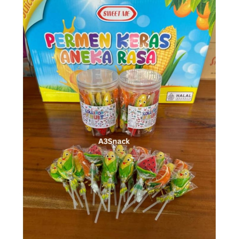 

permen lollipop bentuk jeruk,semangka dan jagung 1 toples isi 30 pcs