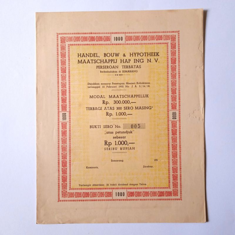 

Antik Surat Obligasi Lama Handel Bouw Hypothek Maatschappij HAP ING 1953 Tua