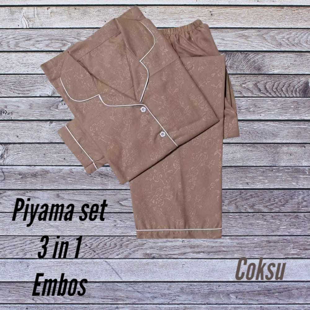 PIYAMA SET 3IN1 SIZE M L XL XXL/EMBOSS 3IN1 JUMBO/BAJU TIDUR WANITA DEWASA/READY STOCK