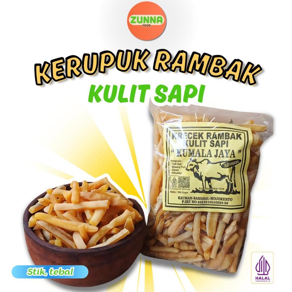 

Kumala Jaya Produsen Rambak Sapi Mentah Krecek Kerupuk Stik tebal lebar tipis 500 gr