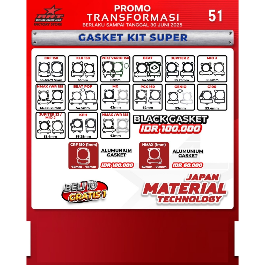 GASKET KIT SUPER PAKING PERPAK BLOK HEAD BRT BINTANG RACING TEAM - CRF 150/KLX 150/PCX/BEAT/MIO J