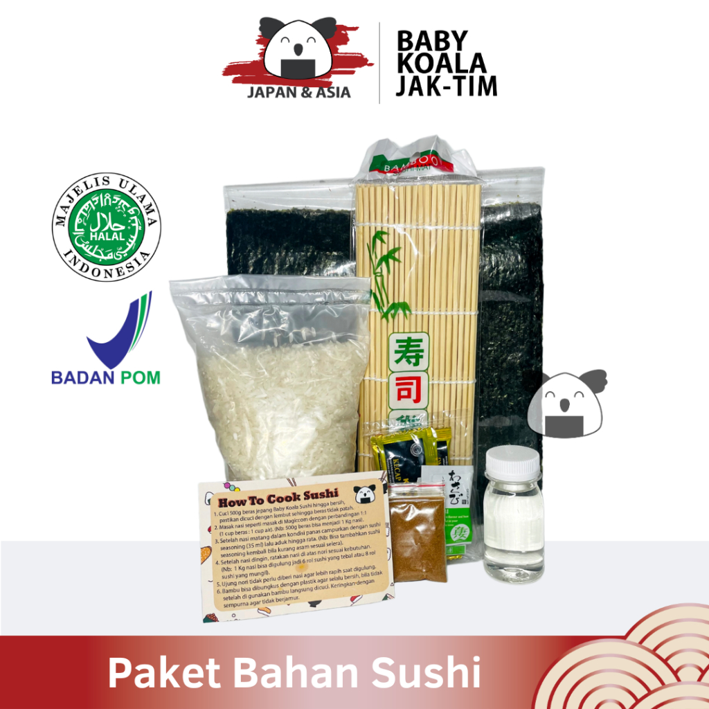 

PAKET BAHAN SUSHI LENGKAP 10 Porsi Halal │ Beras Japonica, Nori, Bambu Mat, Shoyu, Sushi Seasoning - Jaktim