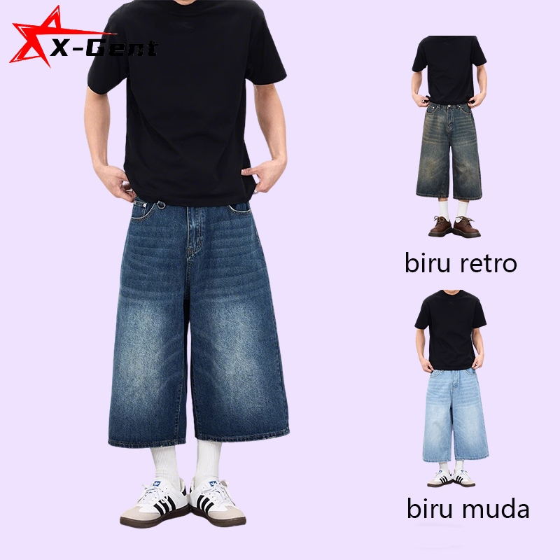 X-Gent S-5XL celana gombrong  kulot jeans 7/8 panjang pria jumbo baggy denim pants cowok korean styl
