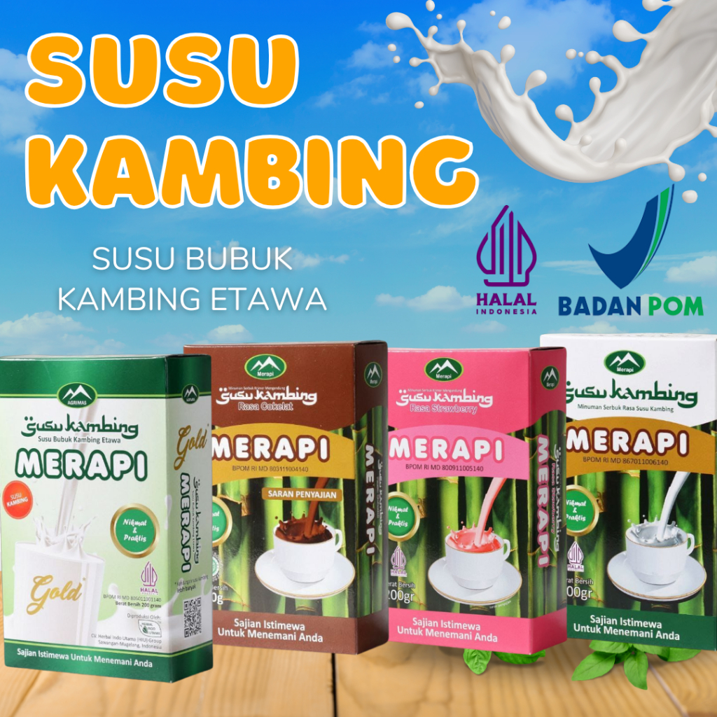 

Susu Bubuk Kambing Etawa Merapi - Original / Cokelat / Strawberry / Gold(200g) - BPOM
